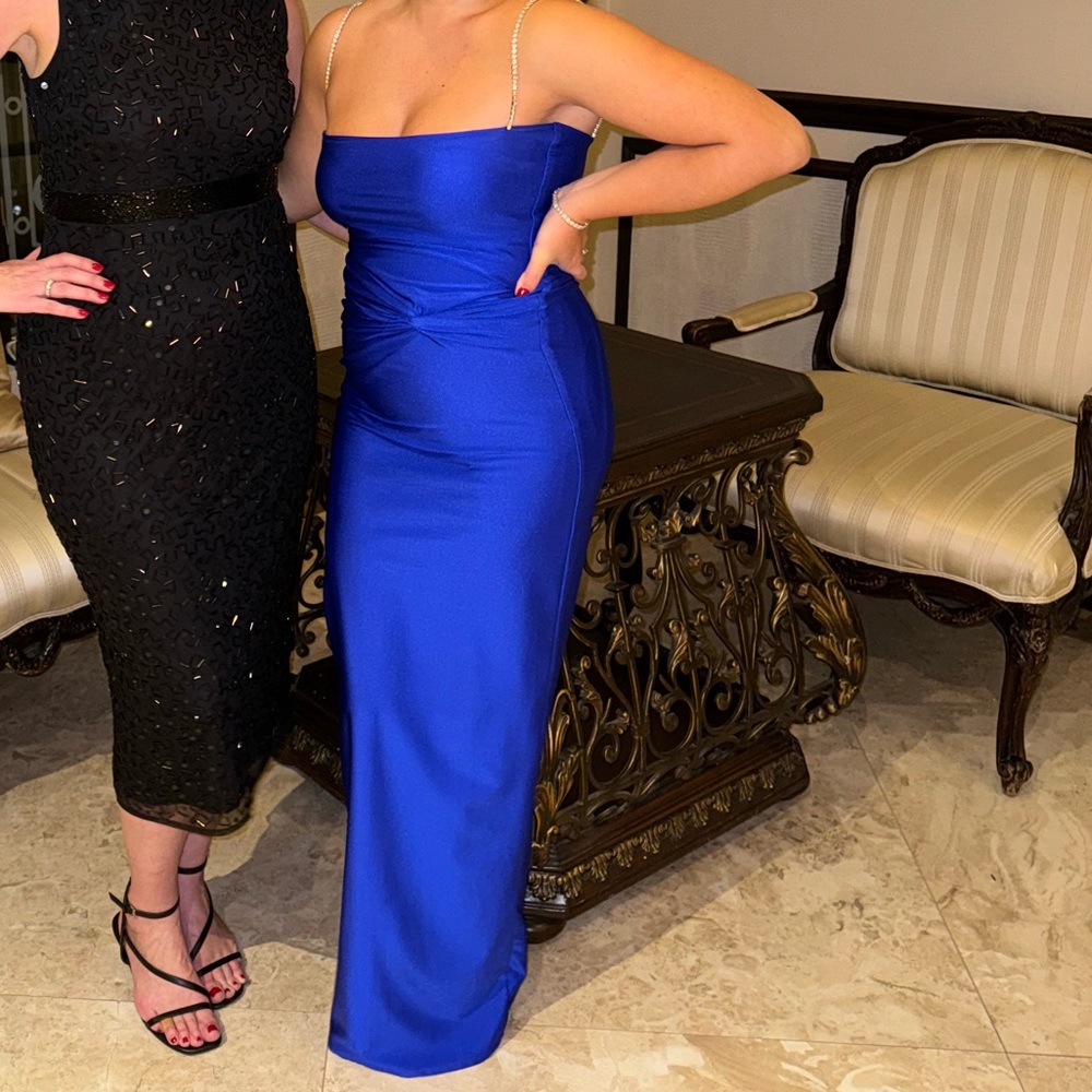 Royal blue dress, rhinestone straps.  Once worn